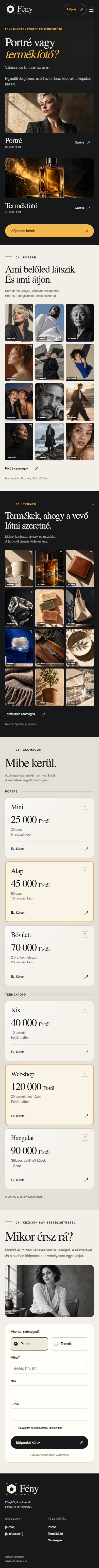A Fény Műhely koncepcióterve mobilon, teljes oldal: nyitókép, portré- és termékgaléria, csomagok, időpontkérés