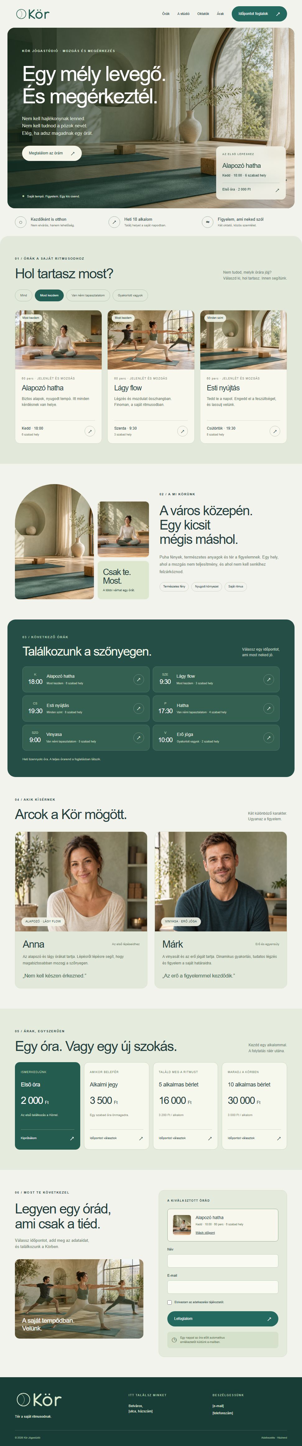 A Kör Jógastúdió koncepcióterve asztali nézetben, teljes oldal: nyitókép, óraszűrő, órarend, oktatók, árak, foglalás