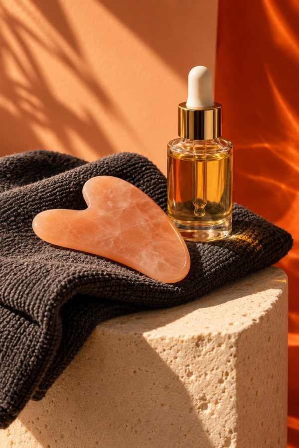 Gua sha kő és arcolaj egy sötét törölközőn